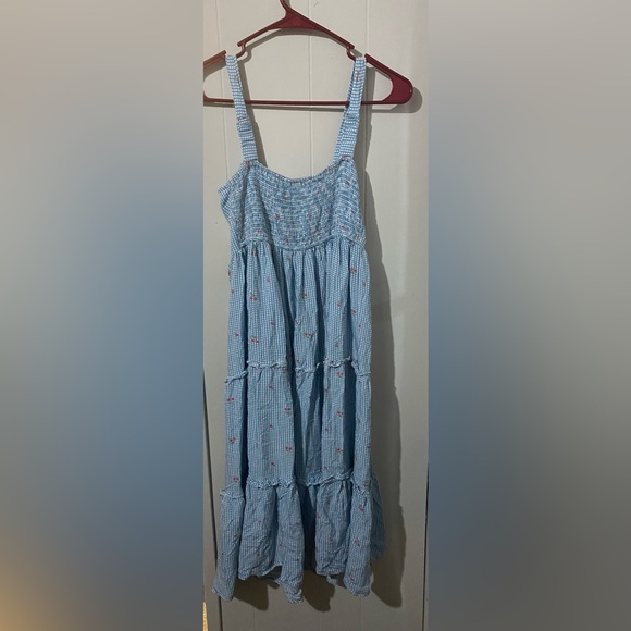 Japna Cherry Print Blue Gingham Pattern Sleeveless Dress - Picture 3 of 5